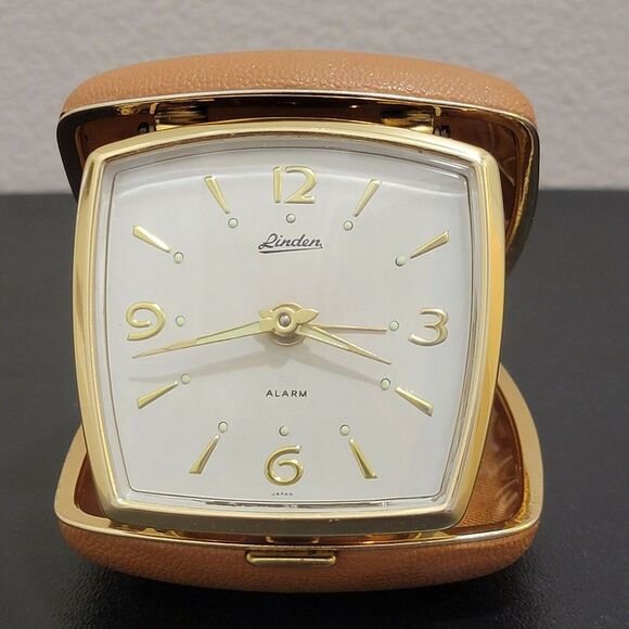 Vintage Linden Tan Clam Shell Leather Case Wind Up Travel Alarm Clock MCM Japan - Picture 2 of 12